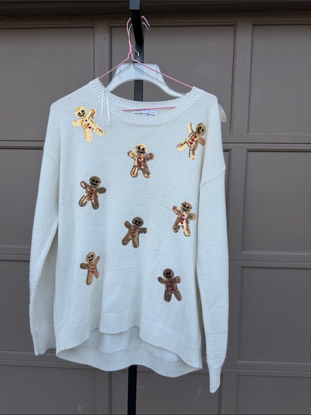 Cream Sequin Gingerbread Crewneck Sweater - Holiday Embellished Knit